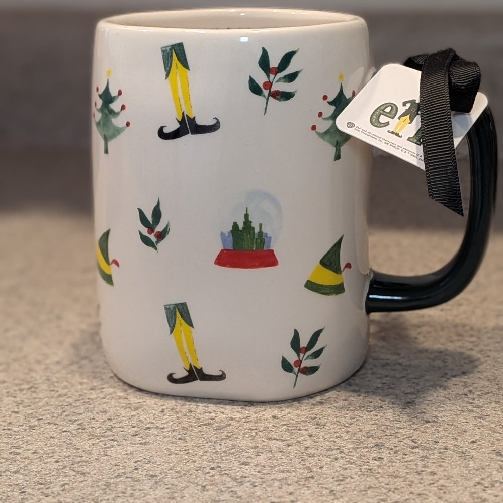 Rae Dunn White Mug with Black Handle and Festive Design